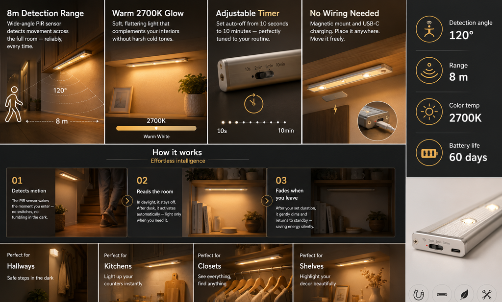 Eleanora Premium Wireless LED Closet Light with PIR Motion Sensor – Rechargeable Under Cabinet Lighting